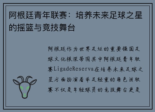 阿根廷青年联赛：培养未来足球之星的摇篮与竞技舞台