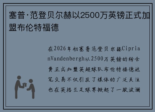 塞普·范登贝尔赫以2500万英镑正式加盟布伦特福德