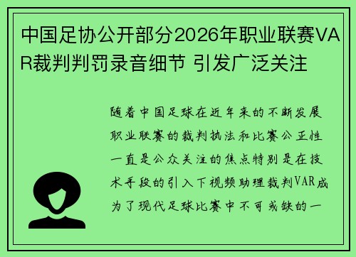 中国足协公开部分2026年职业联赛VAR裁判判罚录音细节 引发广泛关注